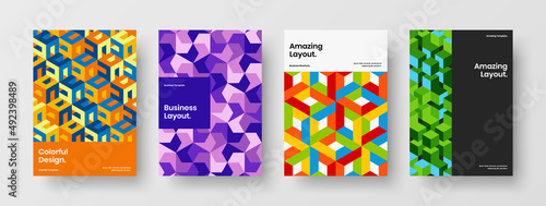 Bright company identity A4 vector design layout composition. Amazing geometric hexagons booklet illustration bundle.