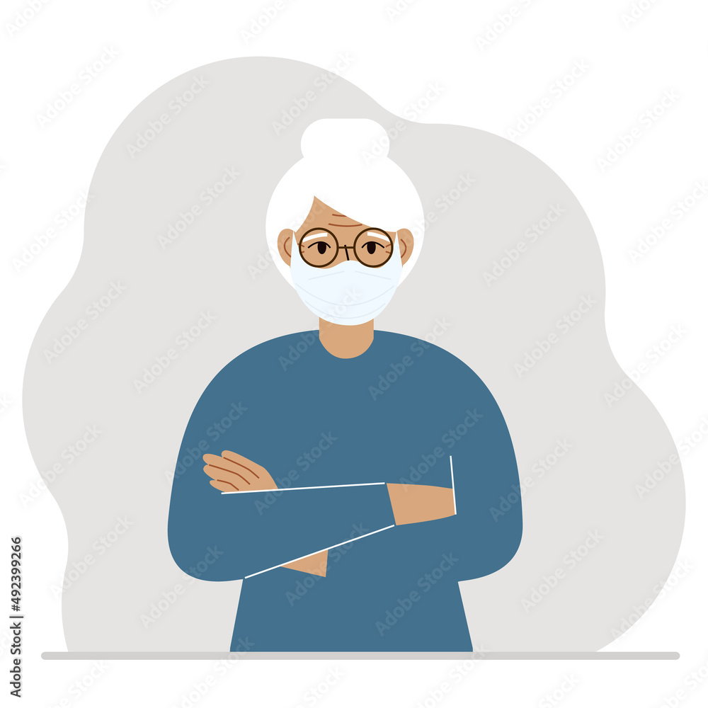 Grandmother in a protective medical face mask. The old woman wears protection against viruses, urban air pollution, smog, vapors, and polluting gas emissions.