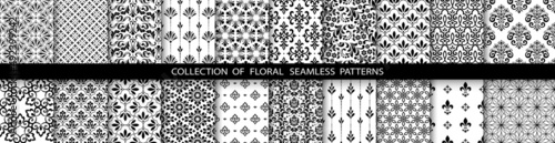 Geometric floral set of seamless patterns. Black and white vector backgrounds. Simple illustrations