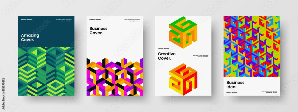 Fresh mosaic shapes brochure illustration set. Clean poster design vector template bundle.