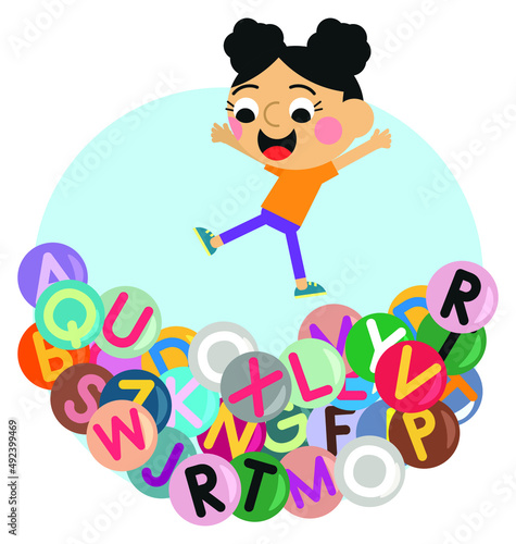 Cute girl jumping into letters