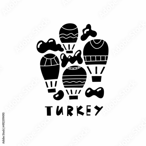 Vector hand drawn symbol of Turkey Cappadocia. Travel illustration of Republic of Turkey signs. Hand drawn lettering illustration. Turkish  landmark logo