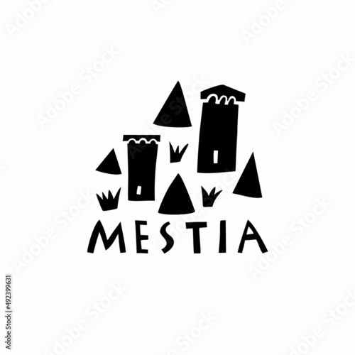 Vector hand drawn symbol of Mestia Sakartvelo. Travel illustration of Republic of Georgia signs. Hand drawn lettering illustration. Georgian landmark logo