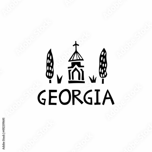 Vector hand drawn symbol of Sakartvelo. Travel illustration of Republic of Georgia signs. Hand drawn lettering illustration. Georgian landmark logo