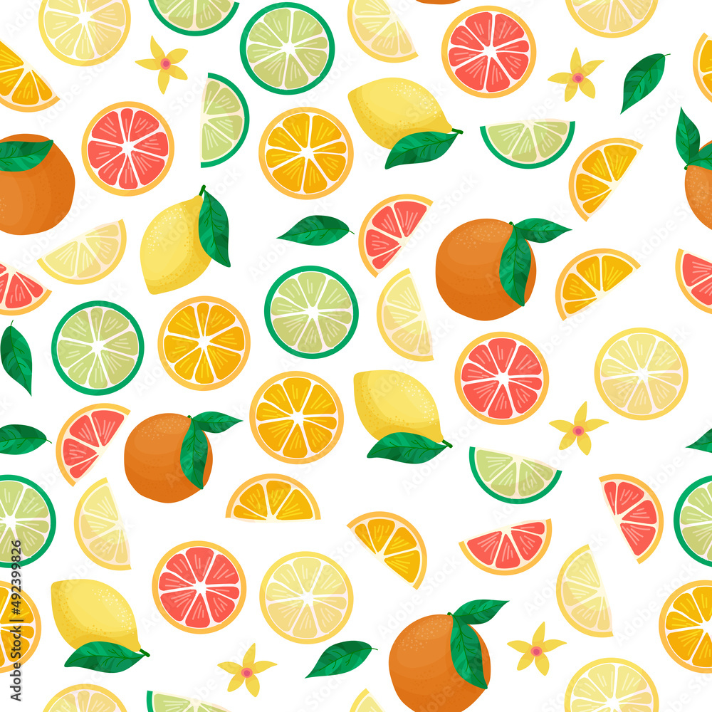 Summer pattern of refreshing citrus fruits. Grapefruit, lemon, orange and lime print. Tropical fruits. Summer sweets. Vector illustration Summer pattern of refreshing citrus fruits. Grapefruit, lemon, orange and lime print. Tropical fruits. Summer sweets. Vector illustration