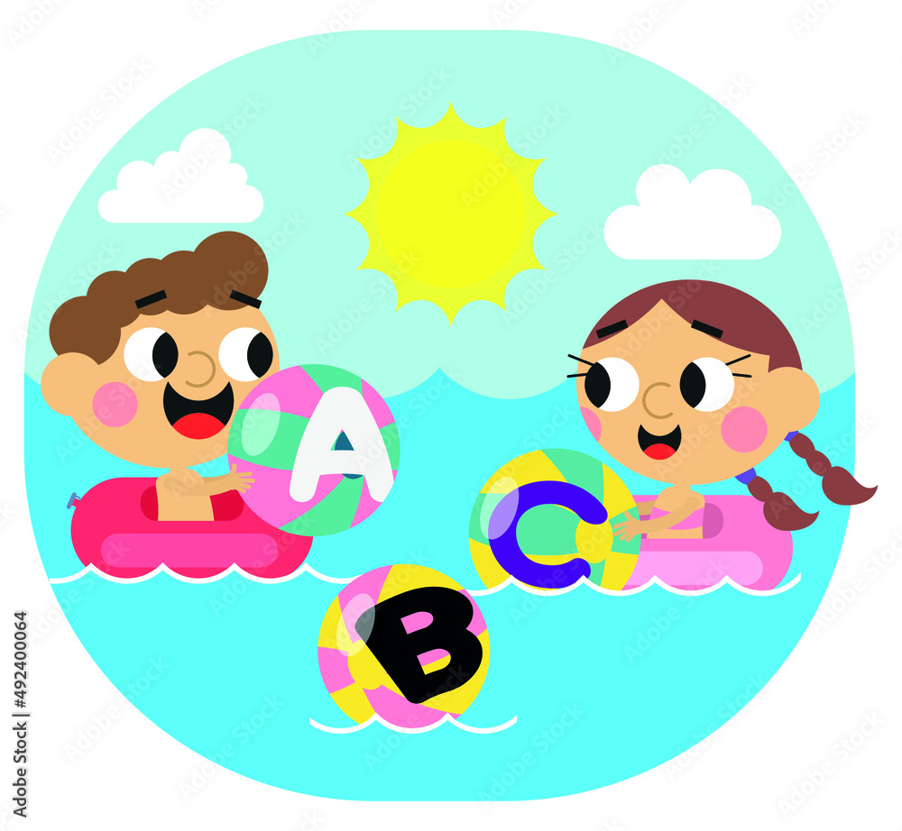 Naklejka premium Cute kids at sea and abc letters