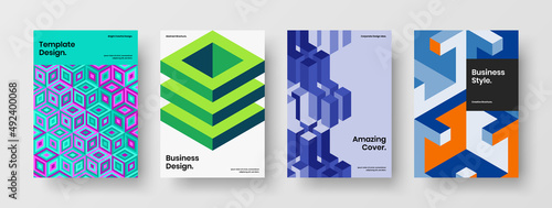 Minimalistic brochure vector design layout collection. Multicolored geometric tiles corporate identity concept bundle.