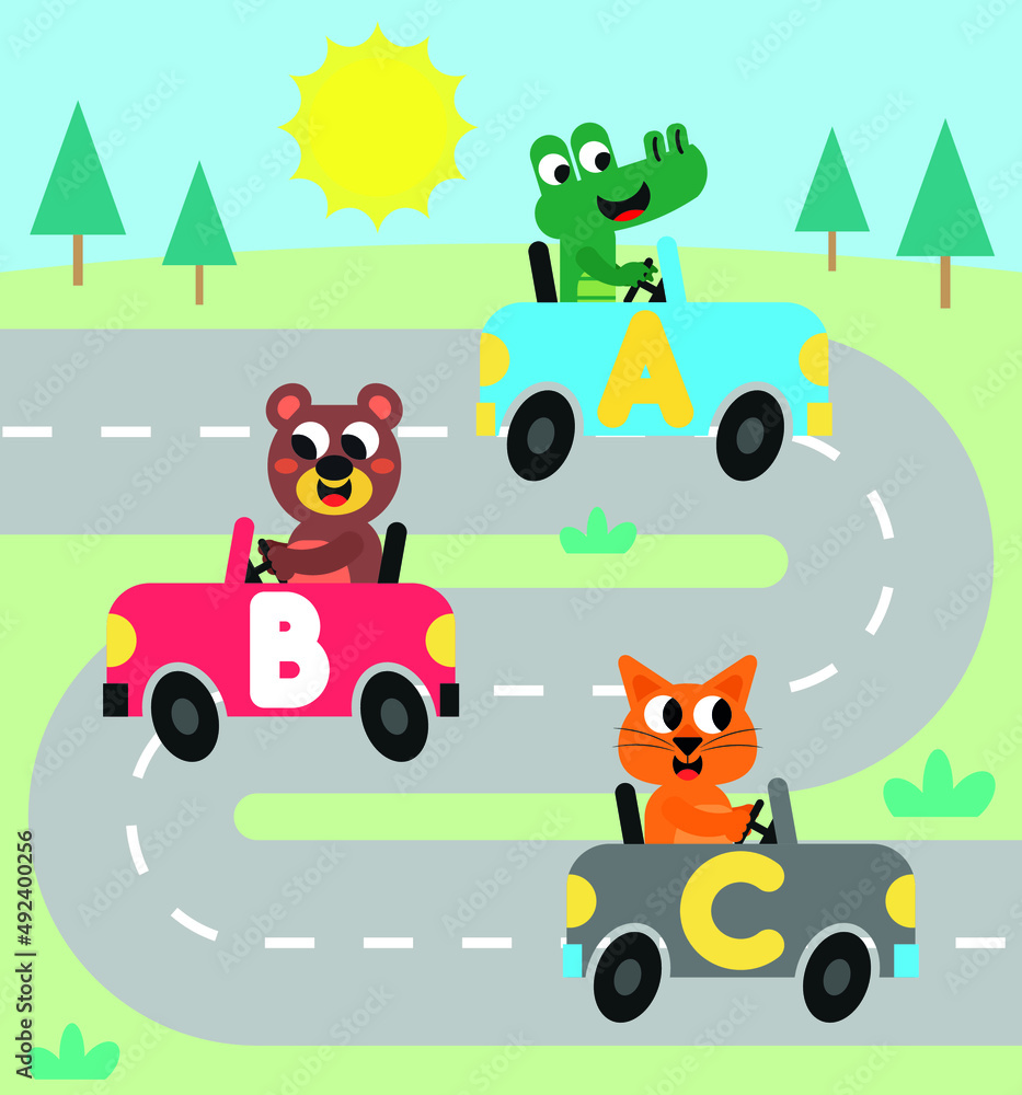 Cute animals compete with cars with letters written on them Cute animals compete with cars with letters written on them