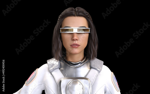 3D Render of computer generated astronaut avatar wearing VR glasses in metaverse virtual world photo