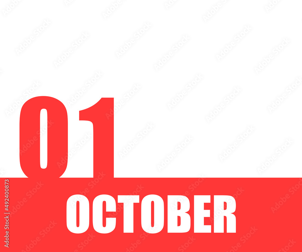 October. 01th day of month, calendar date. Red numbers and stripe with white text on isolated background. Concept of day of year, time planner, autumn month October. 01th day of month, calendar date. Red numbers and stripe with white text on isolated background. Concept of day of year, time planner, autumn month