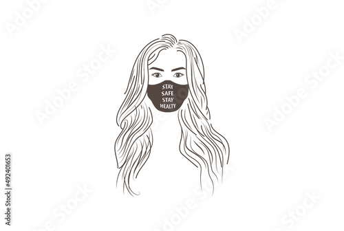 Beauty Long Hair Girl with Mask for Healthy Illustration Vector