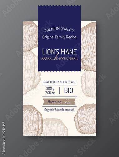 Lions mane mushroom label template Modern vector packaging design layout Isolated