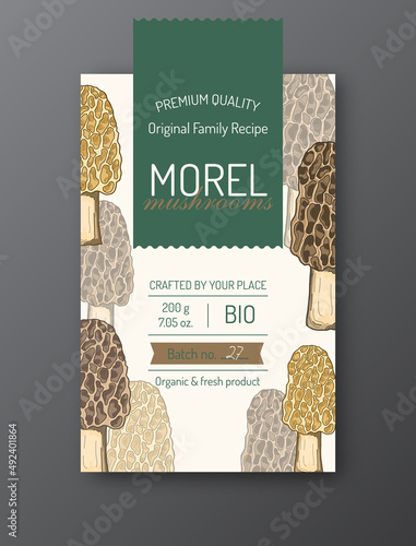 Morel mushroom label template Modern vector packaging design layout Isolated