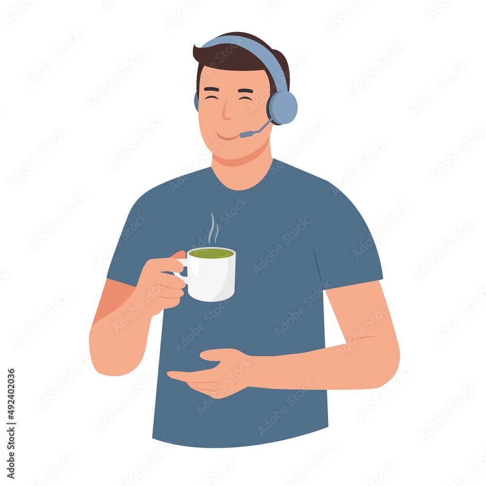 Support service. Customer service operator. Man with headphones and cup of matcha in hand. Call center online assistant.  Vector illustration.