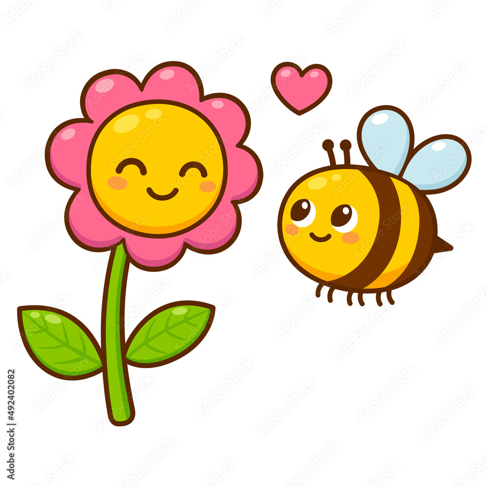 Cartoon bee and flower in love