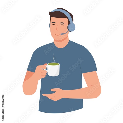 Support service. Customer service operator. Man with headphones and cup of matcha in hand. Call center online assistant.  Vector illustration.