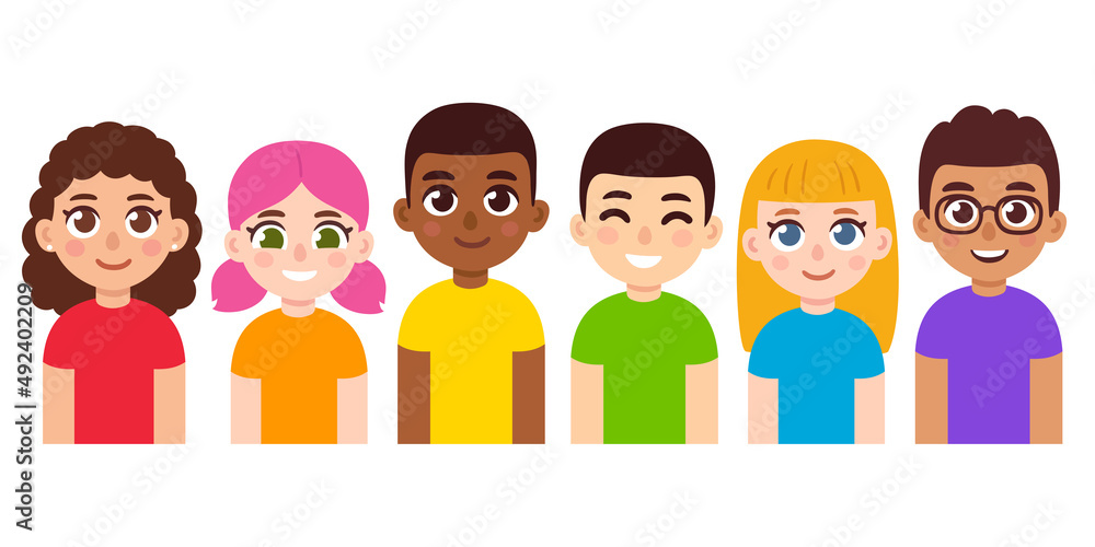 Cute cartoon diverse LGBT kids in rainbow colors