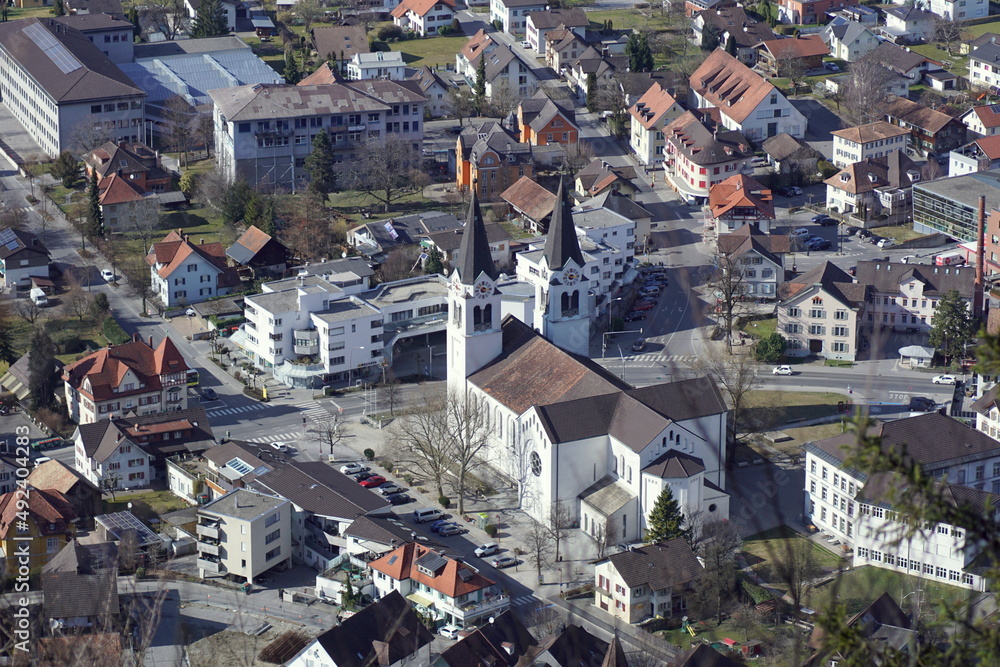 Aerial view over Goetzis (Götzis) city centre in Vorarlberg Aerial view over Goetzis (Götzis) city centre in Vorarlberg