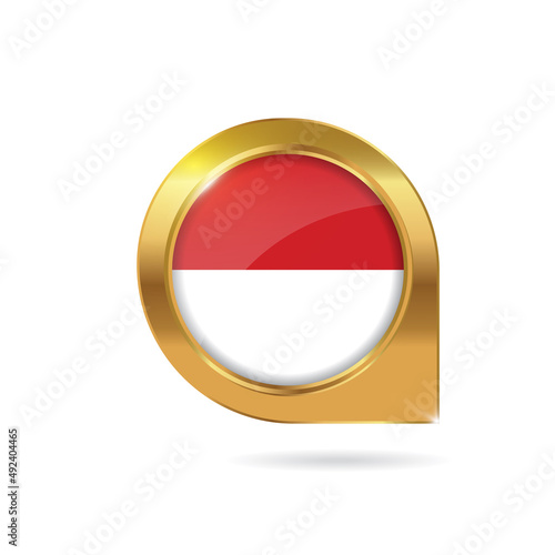 Free Download Flag of Indonesia, location map pin, pointer flag, button with the reflection of light and shadow, gold frame, Icon country. Realistic vector illustration on white background - GFXLoad