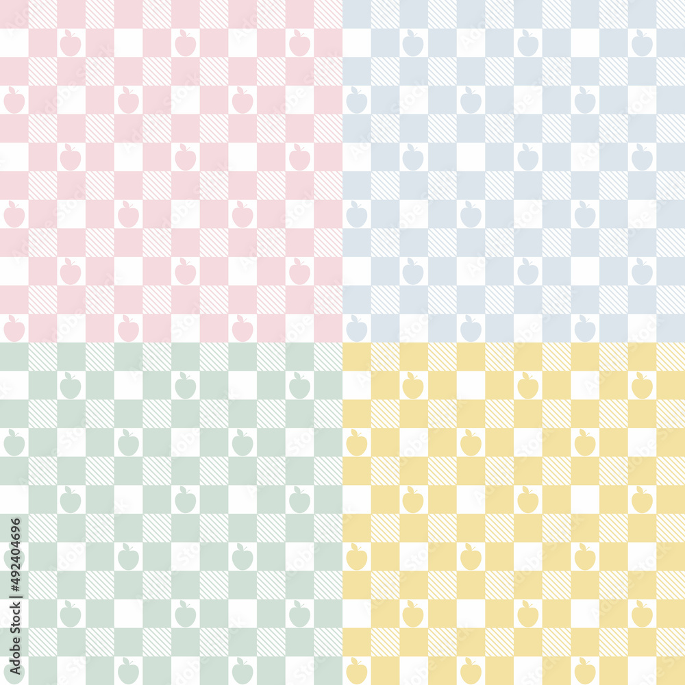 A set of patterns in small cells. Plaids in a cage with an apple. Seamless pastel vichy tartan backgrounds with small apples for tablecloth, dress or other Easter holiday textile design. A set of patterns in small cells. Plaids in a cage with an apple. Seamless pastel vichy tartan backgrounds with small apples for tablecloth, dress or other Easter holiday textile design.