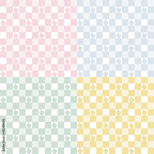 A set of patterns in small cells. Plaids in a cage with an apple. Seamless pastel vichy tartan backgrounds with small apples for tablecloth, dress or other Easter holiday textile design.