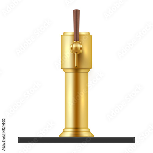 Realistic metallic golden bar beer tap vector illustration. Pub alcohol malt drink beverage pouring