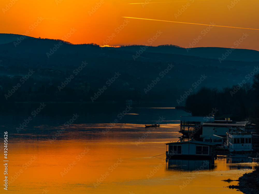 Sunset over calm Danube river  in Novi Sad, Serbia