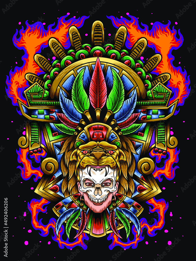 Aztec skull chief ornament illustration