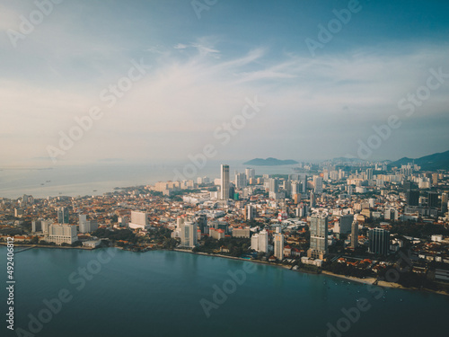 Komtar over George Town City aerial drone view at Penang, Malaysia