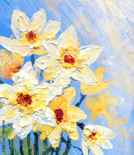Oil painting. Yellow daffodils in the garden