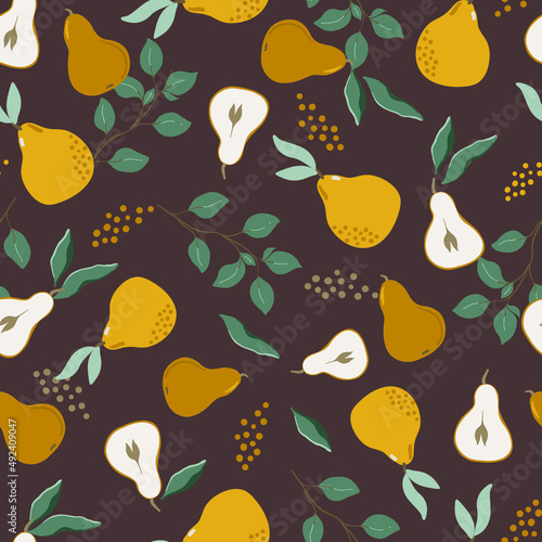 Floral and pear fruit seamless pattern background, vector repeating digital paper for fabric, wallpaper, stationery, textile. 