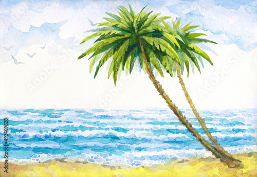 Watercolor landscape. Palm tree by the sea