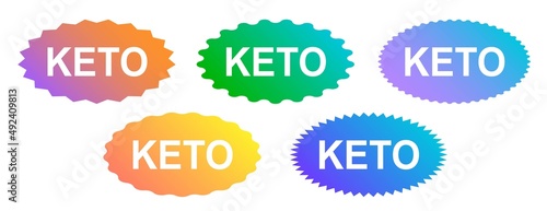 Set of keto stamps. Love keto. Ketogenic diet. Plant based vegan food product label. Gradient logo or icon. Sticker. Vegetarian.Keto approved friendly.