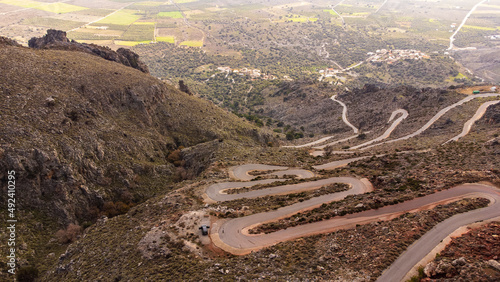 Aerial view of serpentine road in the landscape in crete, Greece