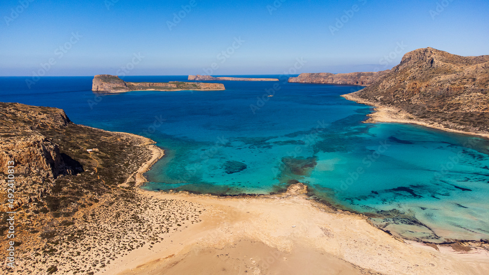 Fototapeta premium Scenic aerial drone shot of empty Balos Beach in Crete, Greece