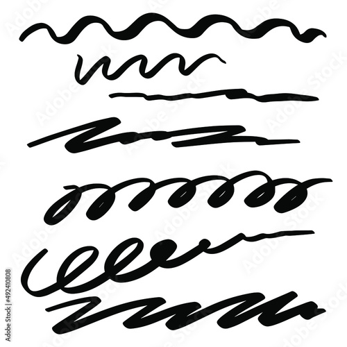 Sketch highlight underline, lines, strokes, emphasis, highlight waves set. Hand drawn check mark underline. Vector freehand marker illustration on white background.
