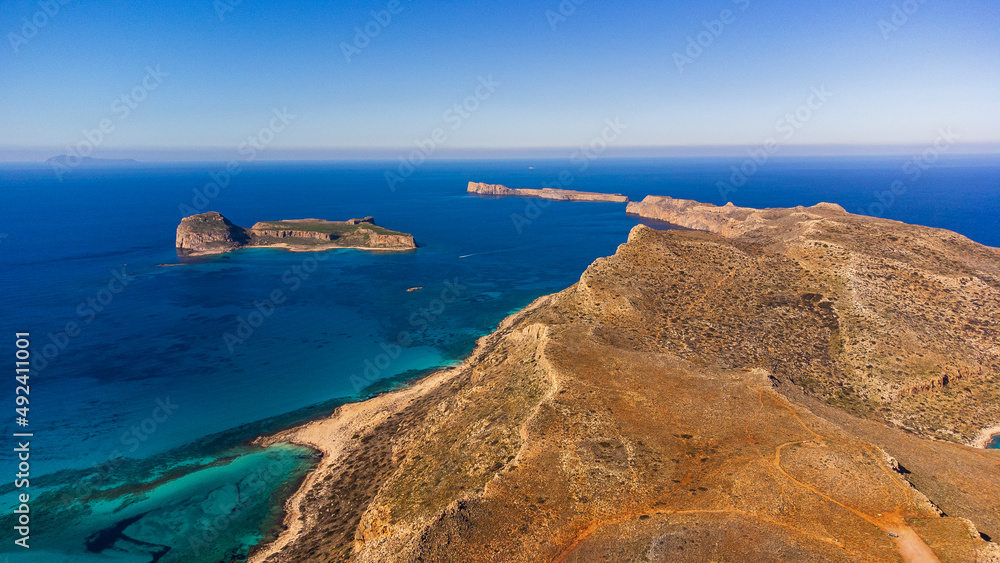 Scenic aerial drone shot of empty Balos Beach in Crete, Greece