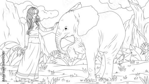 Fototapeta Naklejka Na Ścianę i Meble -  Vector illustration, beautiful girl petting a cheerful baby elephant in the park