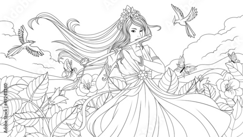 Vector illustration, a beautiful girl in a beautiful magical dress plays the magic flute in the garden