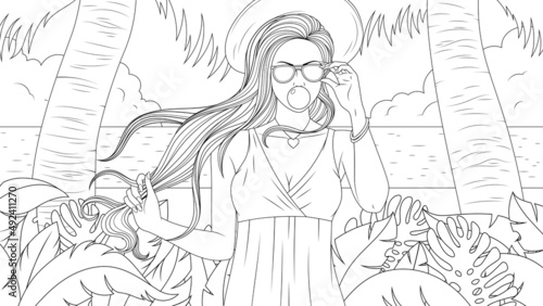 Vector illustration, a beautiful girl walks along the beach on vacation,