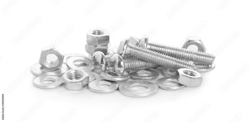 Many metal bolts and nuts on white background Many metal bolts and nuts on white background