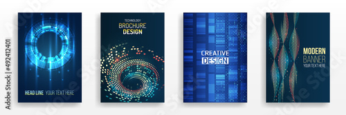 Blue layout futuristic brochures, flyers, placards. Contemporary science and digital technology concept. Vector template for brochure or cover with hi-tech elements background.