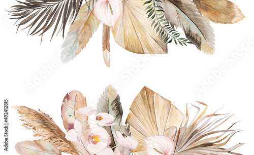 Watercolor Bohemian borders with feathers, dried leaves and tropical flowers illustration