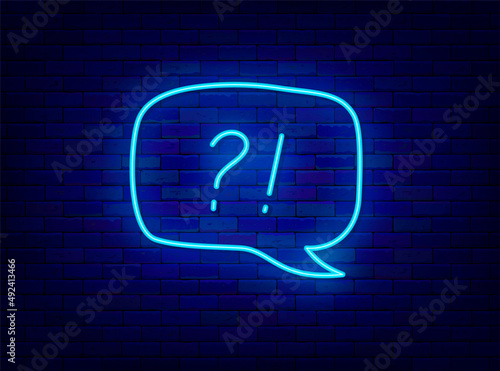Quiz neon sign with speech bubbles. Exclamation mark and question mark. Outer glowing effect banner. Vector illustration