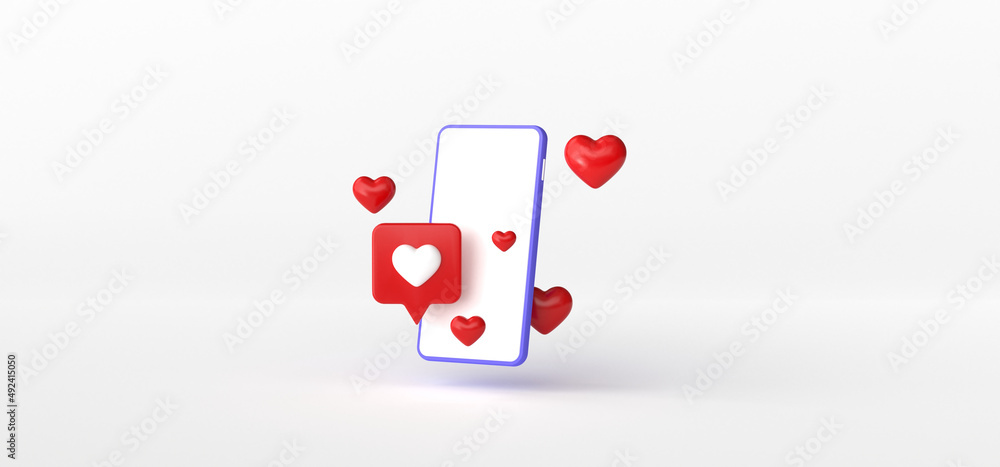 Smartphone and Heart Bubble on isolate background, 3d rendering.