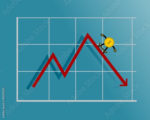 illustration vector graphic business downfall arrow coin skate, suitable for businessman, business finance, finance, and economy, etc.