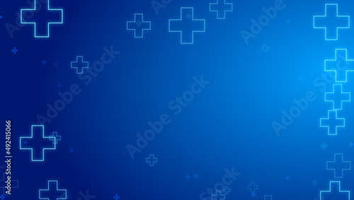Medical health blue cross neon light shapes pattern healthcare technology background.