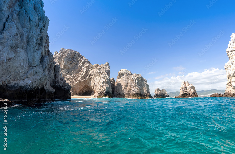 Mexico, Los Cabos, boat tours to tourist destination Arch of Cabo San Lucas, El Arco and beaches.