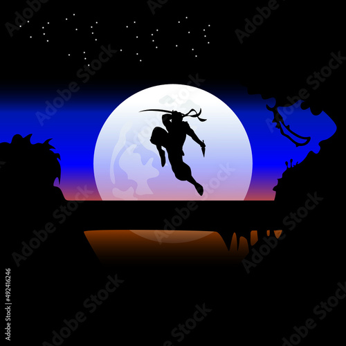ninja assassin silhouette in the night, wallpaper, vector