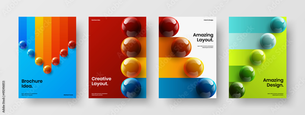 Multicolored company brochure A4 design vector layout bundle. Simple 3D spheres poster template set.